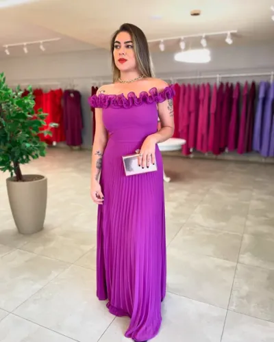Vestido Longo Roxo/Fúcsia de Festa com Babados e Saia Plissada - Casamento/Formatura