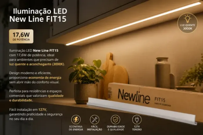MOD. LUMINÁRIA FIT15 MO15003LED1 17,6W/20W 3000K 127V NEW LINE Novo | Sobra de Obra |