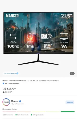 Monitor Gamer Mancer Horizon Z2, 21.5 Pol, Va, Fhd 100hz 1ms Preto Preto