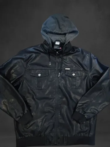Jaqueta Gangster Couro Capuz removível Plus Size