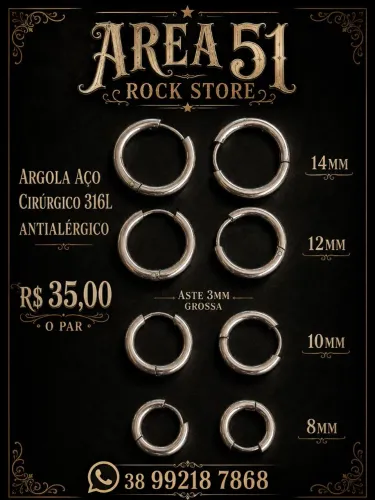 Brinco agora aço cirúrgico antialérgico aste 2mm e 3mm