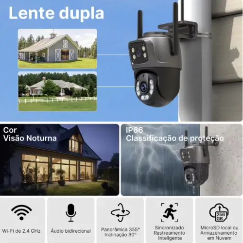 Câmera wifi IP PTZ P6 Zoom Int/Ext Câmera Lentes Duplas 360º