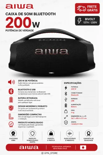 Caixa De Som Boombox Plus Aiwa Bbs-01-b 200w Bt 30h Ip66 BIVOLT 