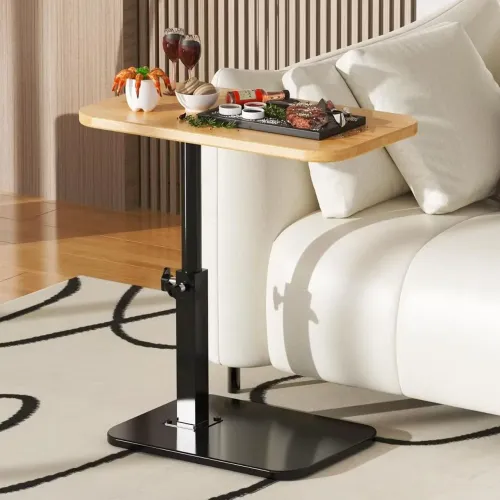Mesa lateral para sofá, cabeceira, escrivaninha com tampo de madeira e pés de metal