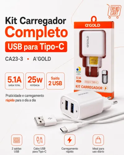 Kit Carregador Completo USB para Tipo-C CA23-3 A?Gold