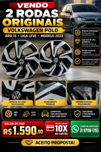 KIT 2 RODAS ORIGINAIS VW POLO 2023<br><br>VLKSWAGEN POLO<br><br>ARO 15<br><br>? LIGA LEVE MODELO 2023