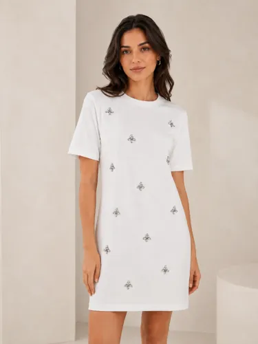 Vestido Liz Fancy Shop com Pedrarias - Off-White - Tamanho M
