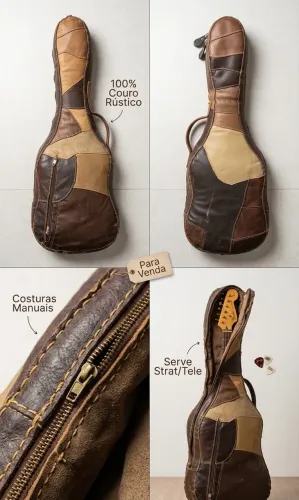 Bag Capa P/ Guitarra 100% Couro - Estilo Rústico / Patchwork