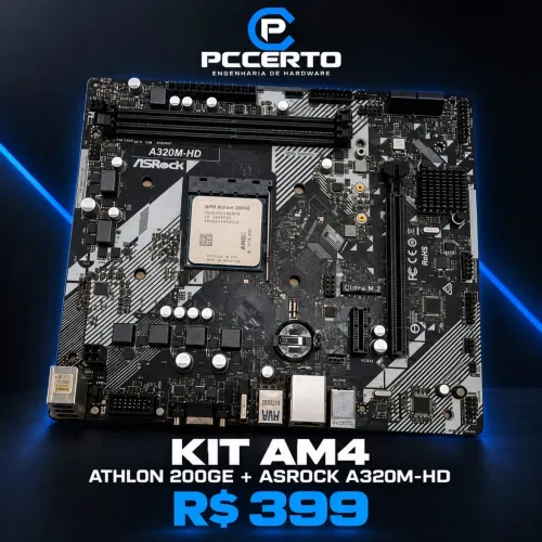Kit Upgrade AM4: Placa-Mãe ASRock A320M-HD + Processador AMD Athlon 200GE Vídeo Integrado