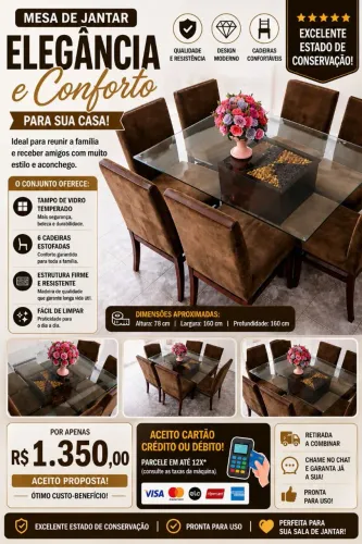 Mesa de Jantar com Tampo de Vidro + 6 Cadeiras Estofadas - Excelente Estado