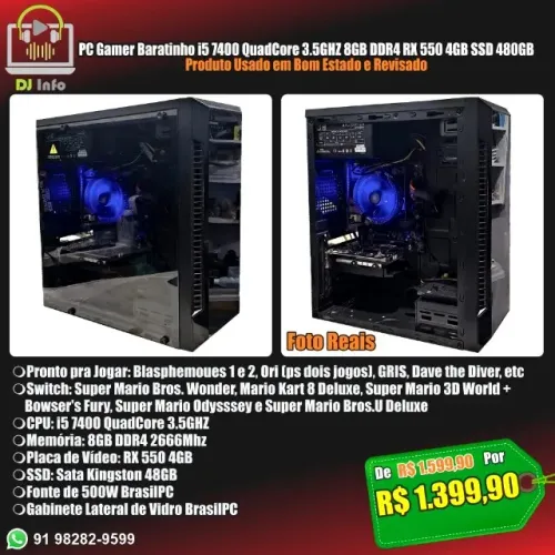 PC Gamer Baratinho i5 7400 QuadCore 3.5GHZ 8GB DDR4 RX 550 4GB SSD 480GB