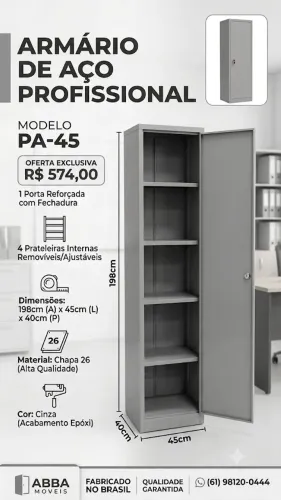 Armário de Aço Novo, 1 Porta e 4 Prateleiras, Modelo Pa-45