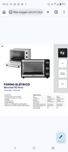 Forno elétrico suggar de 50L com a função grill