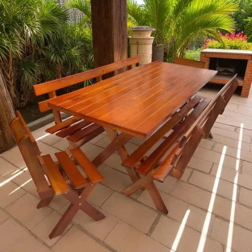 Conjunto de Churrasco Mesa com 2 Bancos e 2 Cadeiras Madeira Maciça Alta Qualidade Premium