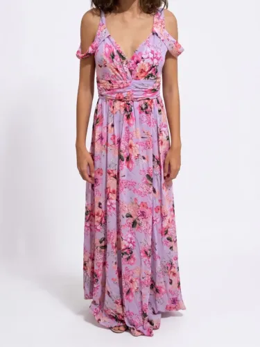 Vestido Longo Floral Lilás com Decote e Ombros À Mostra - Tamanho