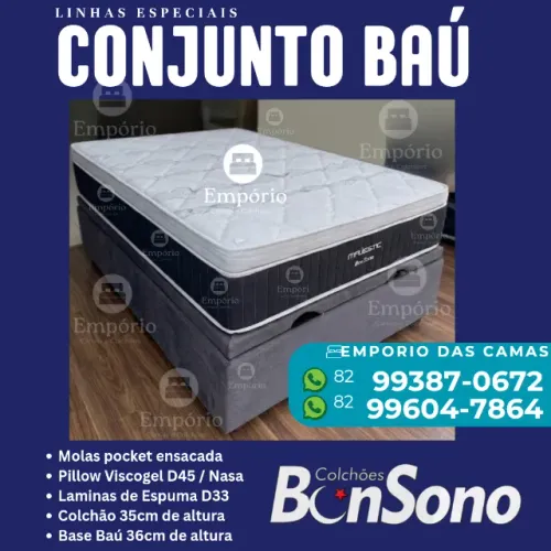 Cama bau casal base e colchao molas pocket viscogel pronta entrega novos de fabrica