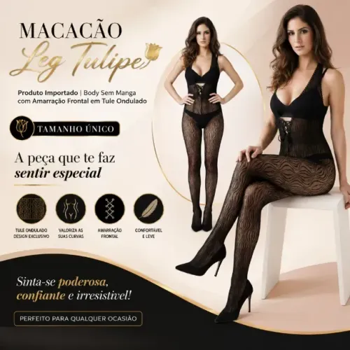 Macacão Leg Tulipe - Produto Importado | Body Sem Manga com Amarração Frontal em Tule