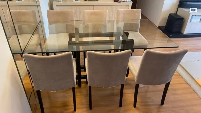 Mesa Jantar Premium Vidro Temperado15mm Bisotê - 1,80m x 1,00m + 6 Cadeiras