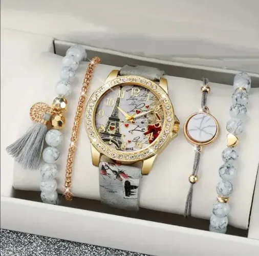 Kit Relógio Quartzo Elegante Luxo Paris Love Fashion Amor Couro PU + 4 Pçs Braceletes