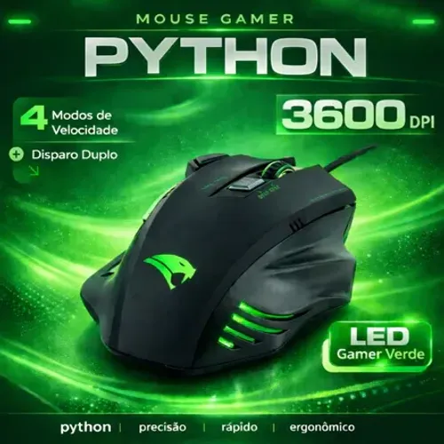 Mouse Gamer Viper Pro Python - 3600 DPI - USB - Cor Preto/Verde LED Verde (Novo/testado)