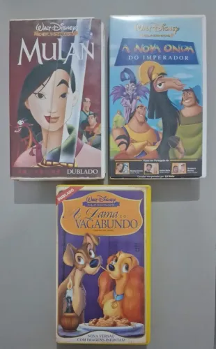 VHS Disney Mulan, A Nova Onda do Imperador e A Dama e o Vagabundo