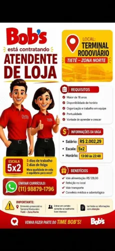 Vagas de emprego bobs Tietê
