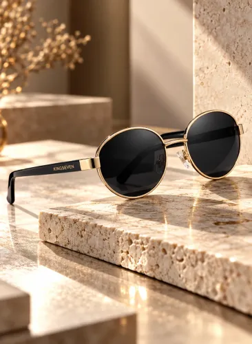 Óculos De Sol Retro Redondo Kingseven Armação Dourada Lente Escura UV400