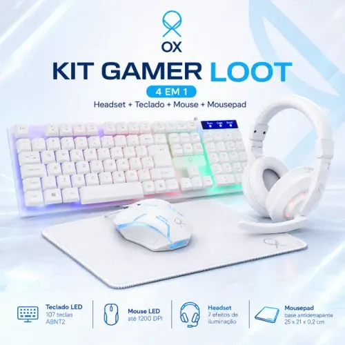 Kit Gamer OX Loot com Headset + Teclado + Mouse 1200DPI + Mousepad Branco