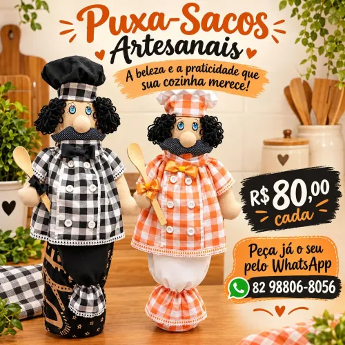 Boneco Puxa-Saco Artesanal de Tecido para Cozinha - R$ 80,00 ?