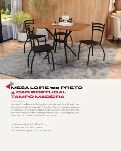 Mesa Loire 1,20 Preto c/ 4 Cadeiras Portugal - Tampo de Madeira