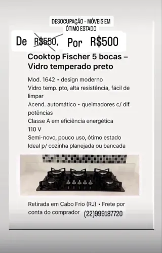 Cooktop Fischer 5 Bocas - Vidro Temperado Preto. Acend. Automático (Mod. 1642)