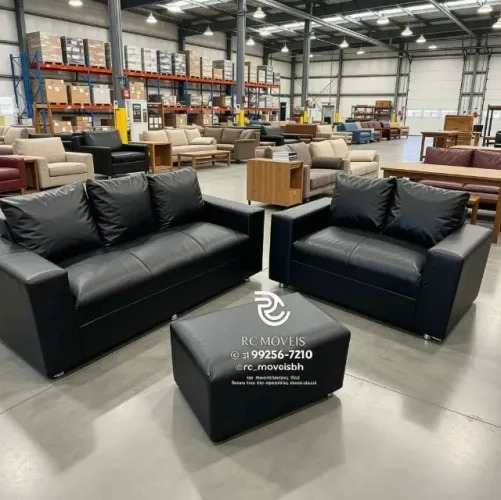 Conjunto Sofá 3 e 2 Lugares Puff Courino Preto D33 Durável