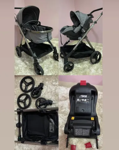 Carrinho, base isofix e bebê conforto