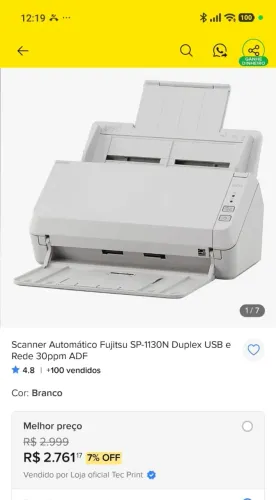 Scanner Automático Fujitsu SP-1130N Duplex USB e Rede 30ppm ADF