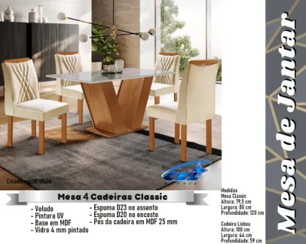 sala mesa jantar tampo de vidro 4 cadeiras