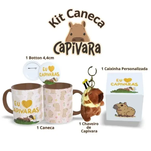 Kit Completo Capivara - Caneca Estampada, Botton 4,4cm, Pelúcia e Caixa Personalizada
