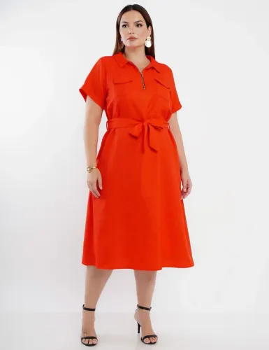 Vestido Dona Charme Midi Piquet com Zíper Vermelho Tamanho 46(Leia a descrição)