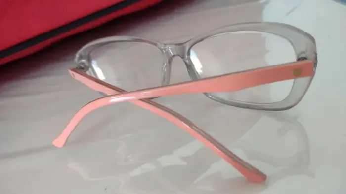 armação F óculos elegante, transparente haste rosa claro