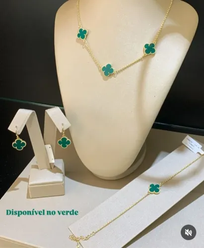 Conjunto Semijoias Trevo Verde