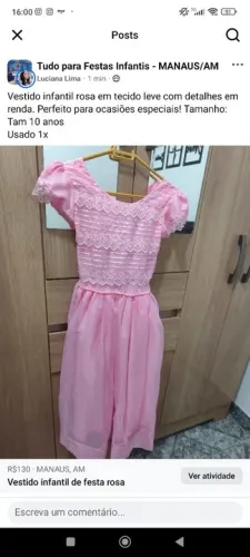 Vestido Infantil de Festa Rosa - Tamanho 10 Anos