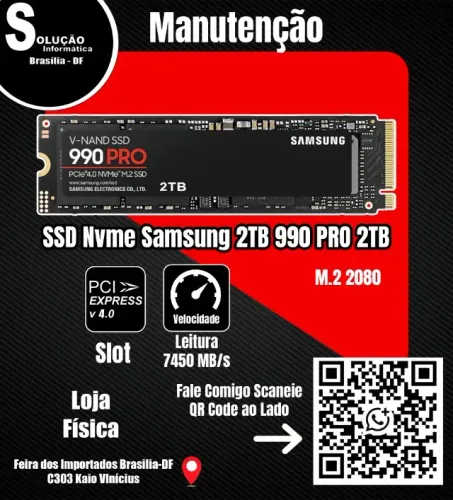 SSD Samsung 990 Pro 2TB, Nvme M.2 2280, Leitura até 7450mb/s e Gravação até 6900mb/s