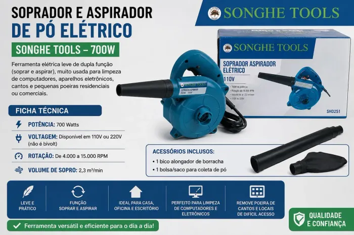 Aspirador e soprador elétrico de 700w