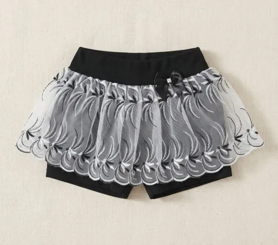 Saia Short Bebê Menina Tule Bordado Preto com Laço - Short Saia Infantil