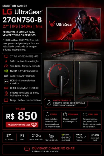 MONITOR GAMER LG ULTRAGEAR 27 240Hz IPS - 27GN750-B