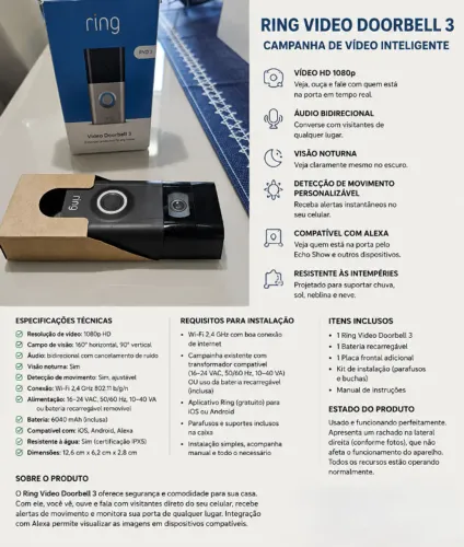 Ring Video Doorbell 3 Original com Caixa Wi-Fi Alexa 1080p HD