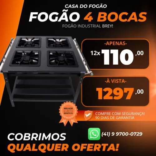 Fogão Industrial Brey 4 Bocas Baixa Pressão NOVO COM GARANTIA