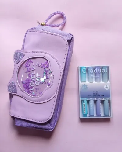 Kit estojo lovely cat e marca texto gradual sunrise roxo