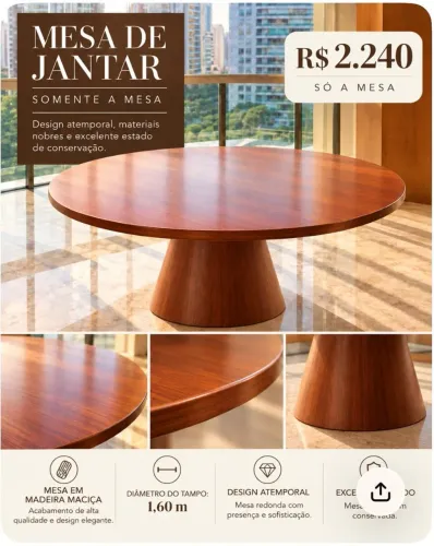 Mesa de jantar em madeira nobre