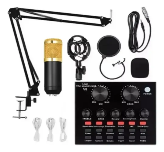 Kit Microfone BM800 XLR + Mesa de Som V8 Completo - Novo
