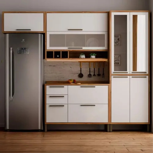 Armário de cozinha modulado com balcão e tampo 9 portas e 3 gavetas 100% MDF e vidro